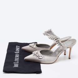 Pre Owned Manolo Blahnik Grey Crystal Embellished Satin Lurum Mule Sandals Size 38.5