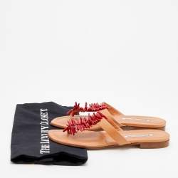 Pre Owned Manolo Blahnik Beige Leather Embellished Thong Flats Size 40