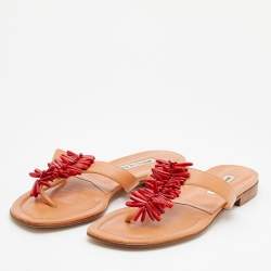 Pre Owned Manolo Blahnik Beige Leather Embellished Thong Flats Size 40