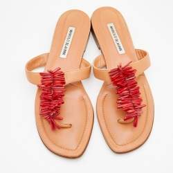 Pre Owned Manolo Blahnik Beige Leather Embellished Thong Flats Size 40