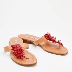 Pre Owned Manolo Blahnik Beige Leather Embellished Thong Flats Size 40