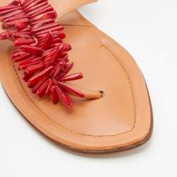 Pre Owned Manolo Blahnik Beige Leather Embellished Thong Flats Size 40