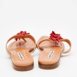 Pre Owned Manolo Blahnik Beige Leather Embellished Thong Flats Size 40