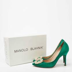 Pre Owned حذاء كعب عالي مانولو بلانيك ساتان أخضر هانغيسي مقاس 38.5