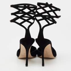 Pre Owned Manolo Blahnik Black Suede Strappy Ankle Cuff Pointed Toe Sandals Size 40.5