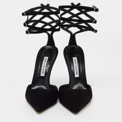 Pre Owned Manolo Blahnik Black Suede Strappy Ankle Cuff Pointed Toe Sandals Size 40.5