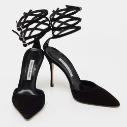 Pre Owned Manolo Blahnik Black Suede Strappy Ankle Cuff Pointed Toe Sandals Size 40.5