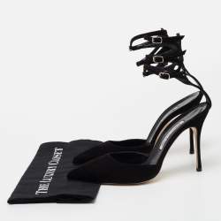 Pre Owned Manolo Blahnik Black Suede Strappy Ankle Cuff Pointed Toe Sandals Size 40.5