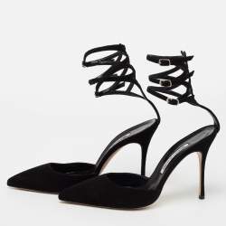 Pre Owned Manolo Blahnik Black Suede Strappy Ankle Cuff Pointed Toe Sandals Size 40.5
