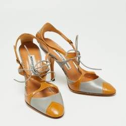 Pre Owned Manolo Blahnik Grey/Brown Leather Ankle Strap Sandals Size 38