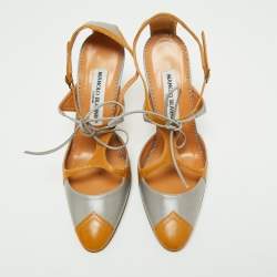 Pre Owned Manolo Blahnik Grey/Brown Leather Ankle Strap Sandals Size 38