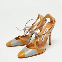 Pre Owned Manolo Blahnik Grey/Brown Leather Ankle Strap Sandals Size 38