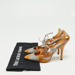 Pre Owned Manolo Blahnik Grey/Brown Leather Ankle Strap Sandals Size 38