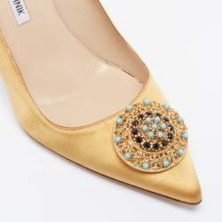 Pre Owned Manolo Blahnik Yellow Satin Jewel Embellished Pointed Toe Pumps Size 39
