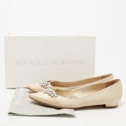 Pre Owned Manolo Blahnik Beige Satin Lurum Embellished Ballet Flats Size 38.5