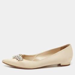 Pre Owned Manolo Blahnik Beige Satin Lurum Embellished Ballet Flats Size 38.5