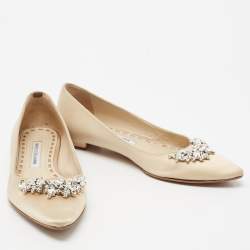 Pre Owned Manolo Blahnik Beige Satin Lurum Embellished Ballet Flats Size 38.5
