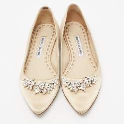 Pre Owned Manolo Blahnik Beige Satin Lurum Embellished Ballet Flats Size 38.5