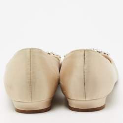 Pre Owned Manolo Blahnik Beige Satin Lurum Embellished Ballet Flats Size 38.5