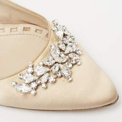 Pre Owned Manolo Blahnik Beige Satin Lurum Embellished Ballet Flats Size 38.5