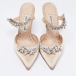 Manolo Blahnik Champagne Satin Lurum Sandals Size 38