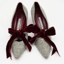 Pre Owned  Manolo Blahnik Grey/Burgundy Tweed And Velvet Bow Serba Pumps Size 39.5