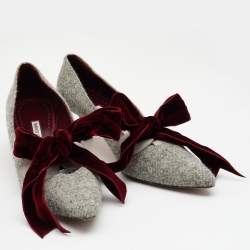 Pre Owned  Manolo Blahnik Grey/Burgundy Tweed And Velvet Bow Serba Pumps Size 39.5