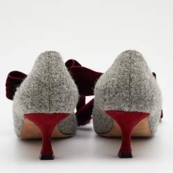 Pre Owned  Manolo Blahnik Grey/Burgundy Tweed And Velvet Bow Serba Pumps Size 39.5
