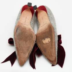 Pre Owned  Manolo Blahnik Grey/Burgundy Tweed And Velvet Bow Serba Pumps Size 39.5