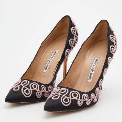مملوكة مسبقًا Manolo Blahnik Black Satin Rope Embroidered Pointed Toe Pumps Size 38