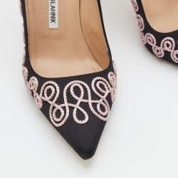 مملوكة مسبقًا Manolo Blahnik Black Satin Rope Embroidered Pointed Toe Pumps Size 38