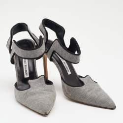 Pre Owned حذاء كعب عالي مانولو بلانيك قماش رصاصي مقدمة مدببة مقاس 39.5