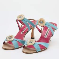 Manolo Blahnik Blue Canvas Button Strappy Slide Sandals Size 39.5