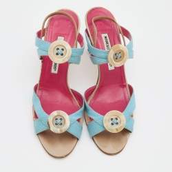 Manolo Blahnik Blue Canvas Button Strappy Slide Sandals Size 39.5