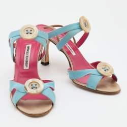 Manolo Blahnik Blue Canvas Button Strappy Slide Sandals Size 39.5