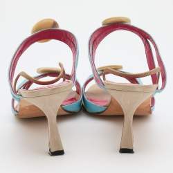 Manolo Blahnik Blue Canvas Button Strappy Slide Sandals Size 39.5