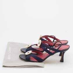 Pre Owned Manolo Blahnik Navy Blue Canvas Button Detail Slingback Sandals Size 39