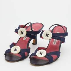 Pre Owned Manolo Blahnik Navy Blue Canvas Button Detail Slingback Sandals Size 39