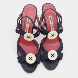 Pre Owned Manolo Blahnik Navy Blue Canvas Button Detail Slingback Sandals Size 39