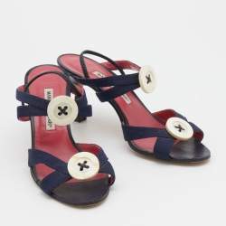 Pre Owned Manolo Blahnik Navy Blue Canvas Button Detail Slingback Sandals Size 39