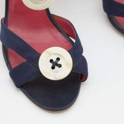 Pre Owned Manolo Blahnik Navy Blue Canvas Button Detail Slingback Sandals Size 39