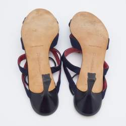 Pre Owned Manolo Blahnik Navy Blue Canvas Button Detail Slingback Sandals Size 39