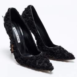 Pre Owned Manolo Blahnik Black Floral Fabric Pointed Toe Pumps Size 39