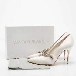 Pre Owned Manolo Blahnik White Satin Shufti Jewel Embellished Pumps Size 40.5