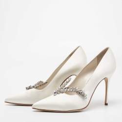 Pre Owned Manolo Blahnik White Satin Shufti Jewel Embellished Pumps Size 40.5