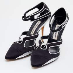 Pre Owned حذاء كعب عالي مانولو بلانيك جلد وساتان فضي/أسود قصات مفرغة مقاس 40.5