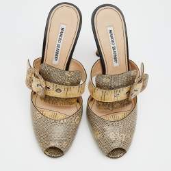 Pre Owned Manolo Blahnik Beige Lizard Buckle Slides Size 38