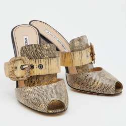 Pre Owned Manolo Blahnik Beige Lizard Buckle Slides Size 38