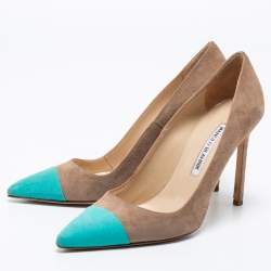 Pre Owned Manolo Blahnik Light Brown/Blue Suede Bipunta Pointed Toe Pumps Size 36.5