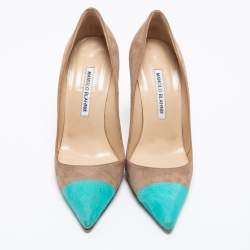 Pre Owned Manolo Blahnik Light Brown/Blue Suede Bipunta Pointed Toe Pumps Size 36.5